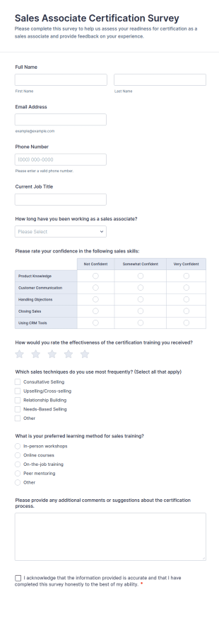 Sales Associate Certification Survey Form Template