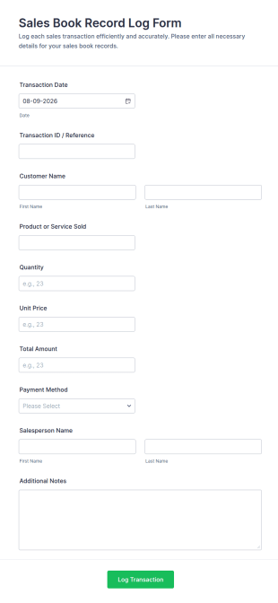 Sales Book Record Log Form Template