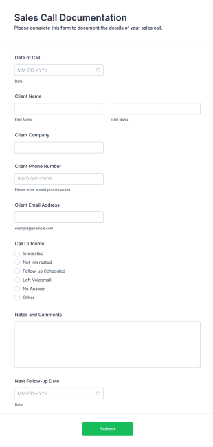 Sales Call Documentation Form Template