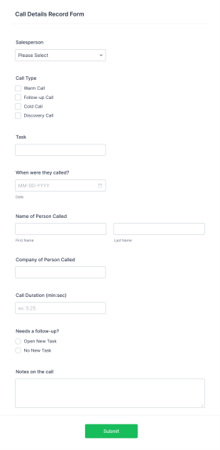 Call Details Record Form Template