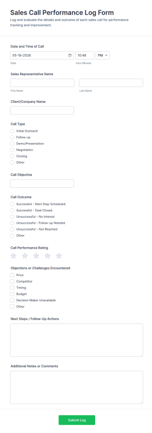 Sales Call Performance Log Form Template