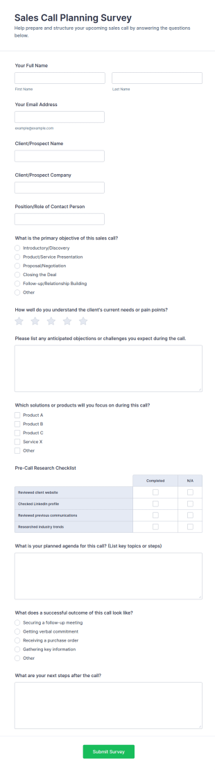 Sales Call Planning Survey Form Template