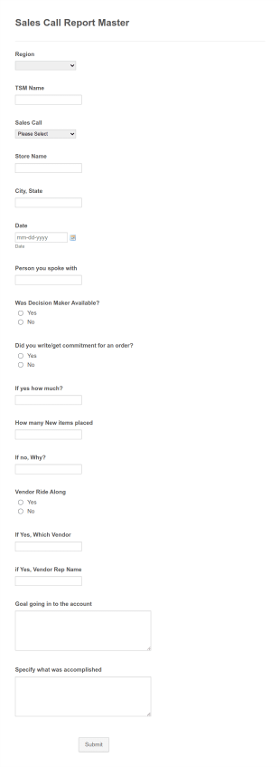 Sales Call Report Template Form Template