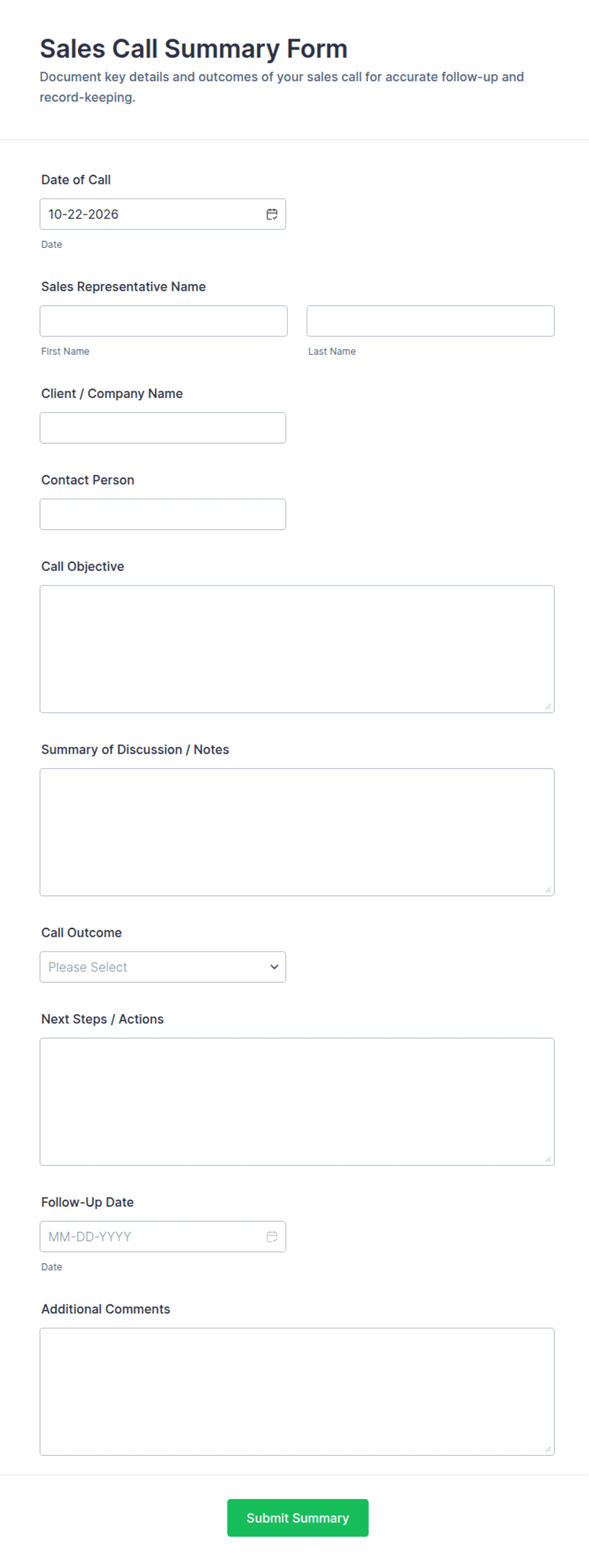 Reort Sample Sales Call Summary Report Form Template | Jotform