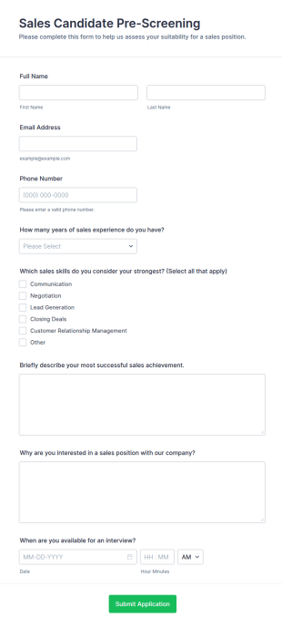 Sales Candidate Pre Screening Form Template