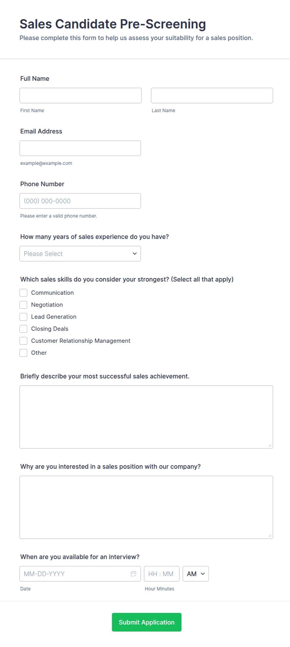 Prescreen Interview Template Sales Candidate Pre-Screening Form Template | Jotform