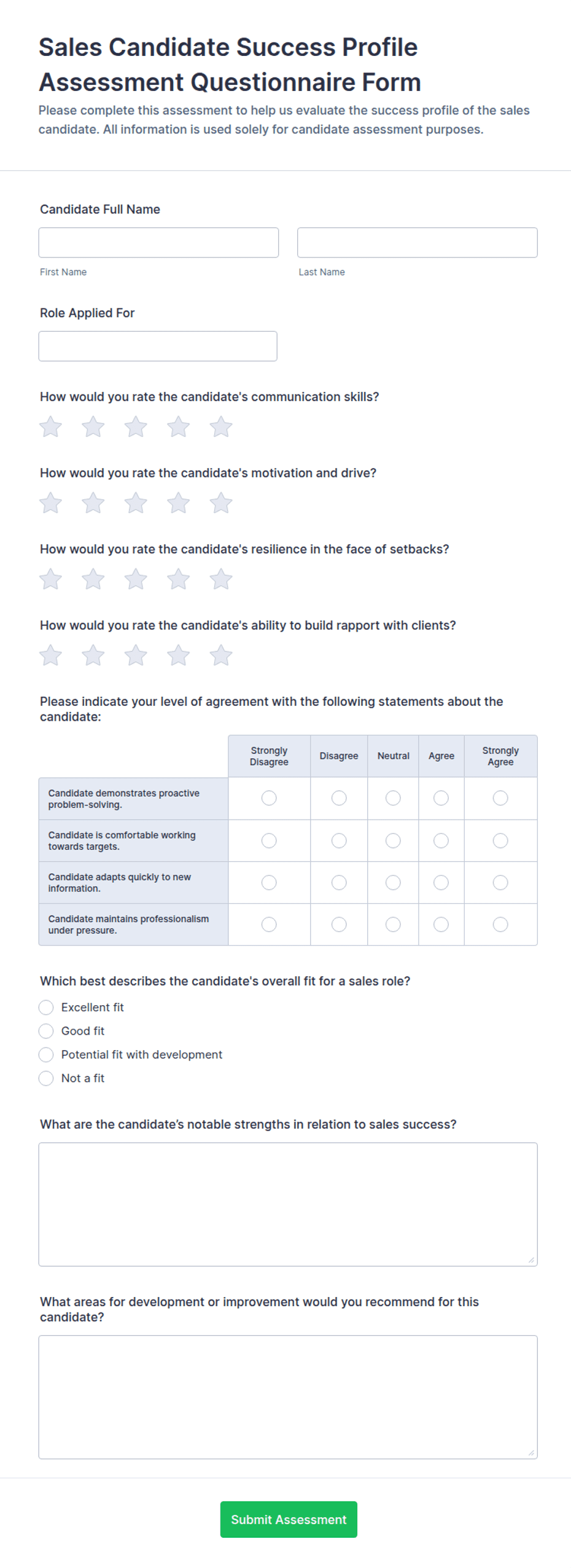 Sales Candidate Success Profile Assessment Questionnaire Form Template ...