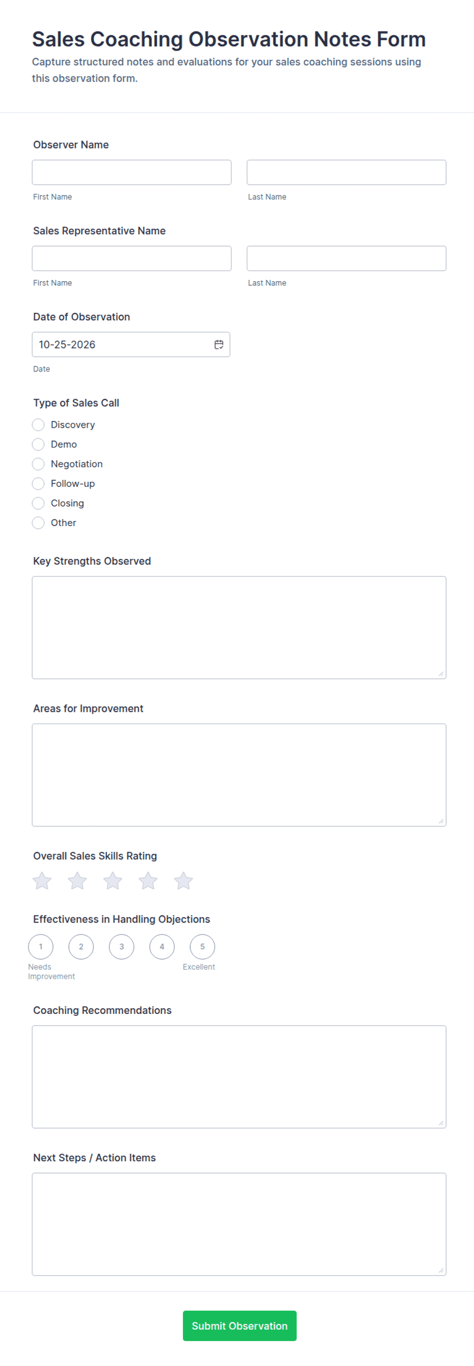 Rmv Forms.pdf Sales Coaching Observation Notes Form Template | Jotform