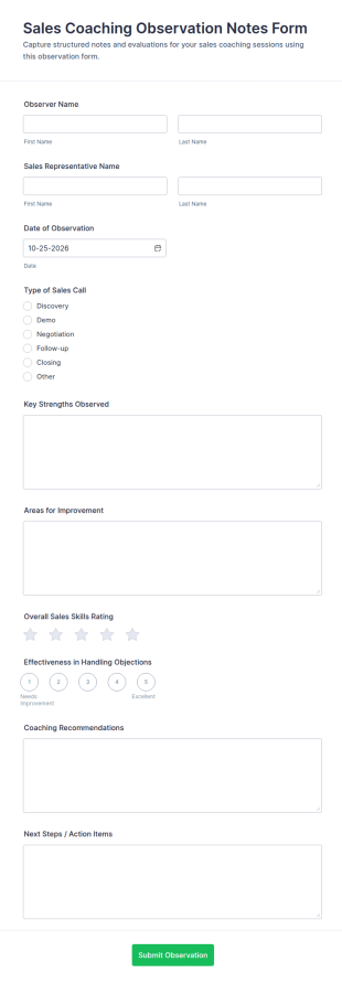 Sales Coaching Observation Notes Form Template