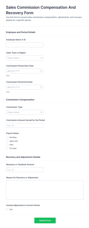 Sales Commission Compensation And Recovery Form Template