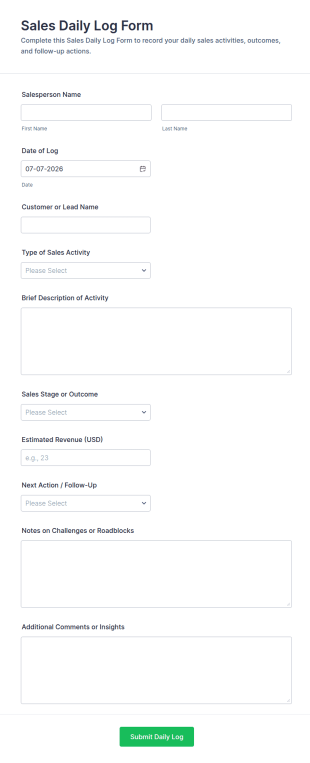 Sales Daily Log Form Template