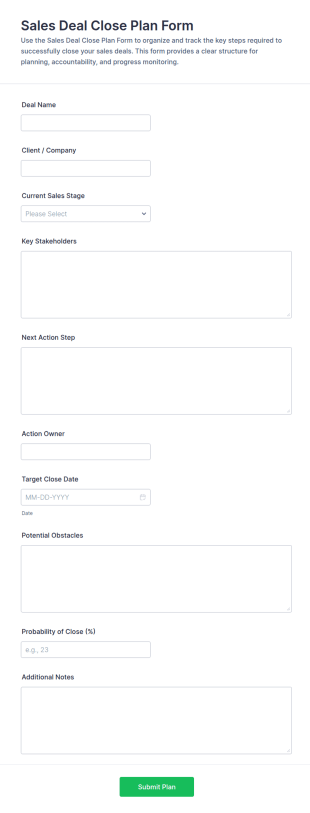 Sales Deal Close Plan Form Template