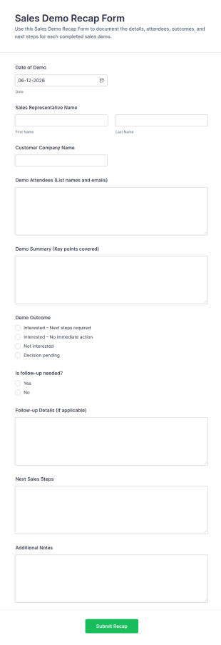 Sales Demo Recap Form Template