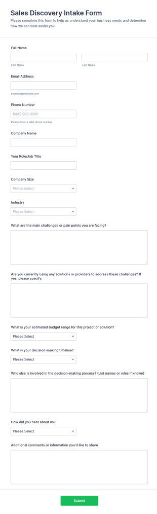 Sales Discovery Intake Form Template