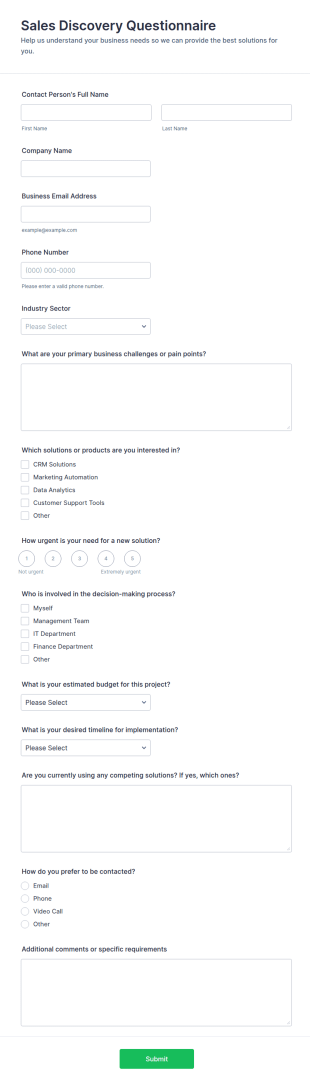 Sales Discovery Questionnaire Form Template