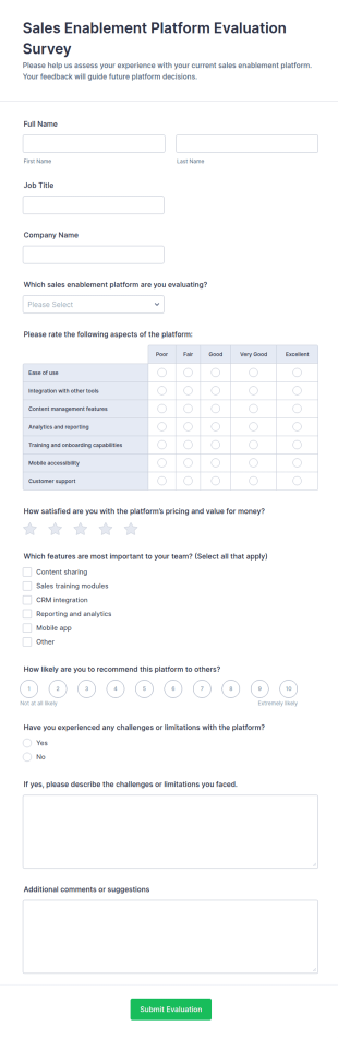 Sales Enablement Platform Evaluation Criteria Survey Form Template