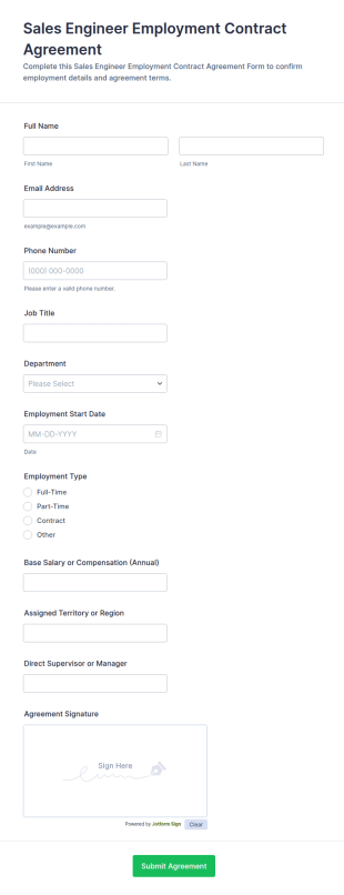 Sales Engineer Employment Contract Agreement Form Template