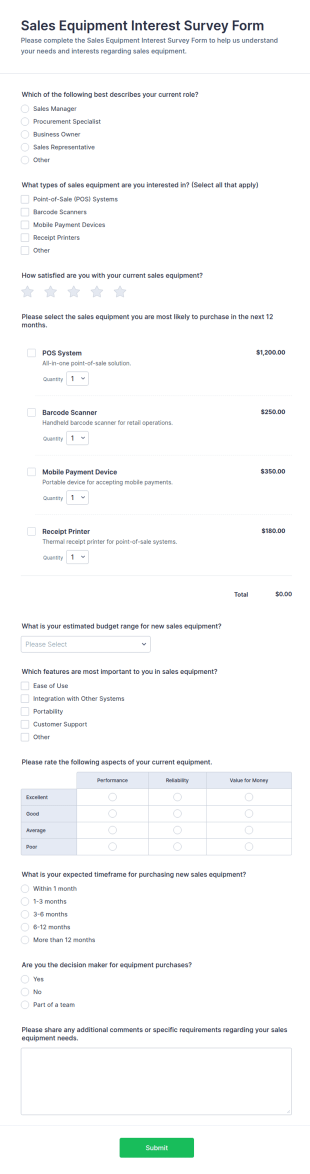 Sales Equipment Interest Survey Form Template