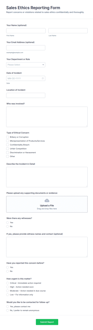 Sales Ethics Reporting Form Template