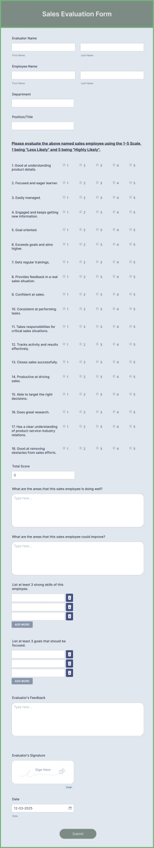 Sales Evaluation Form Template