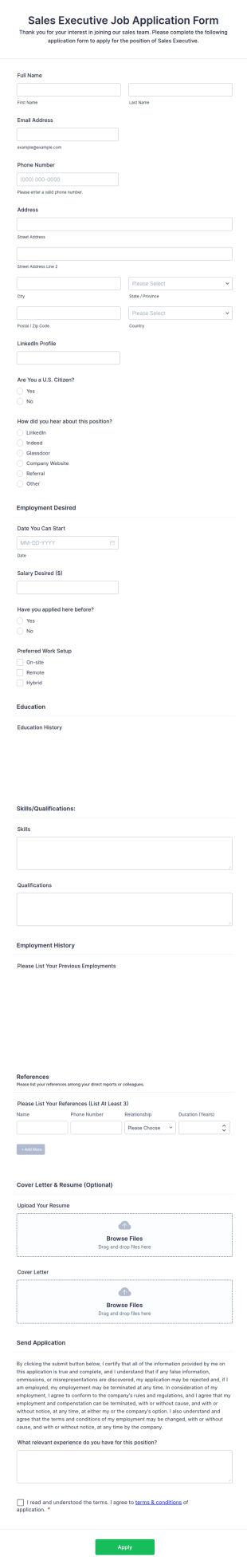 Sales Executive Job Application Form Template