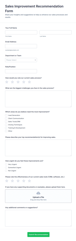 Sales Improvement Recommendations Form Template