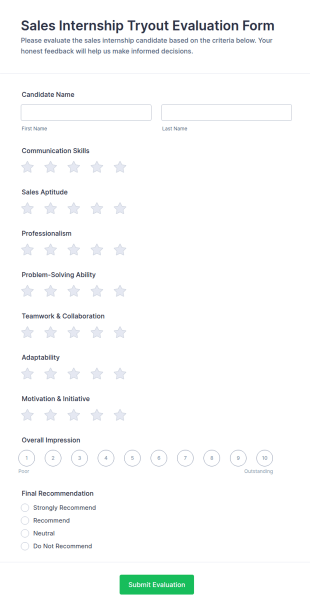 Sales Internship Tryout Evaluation Form Template