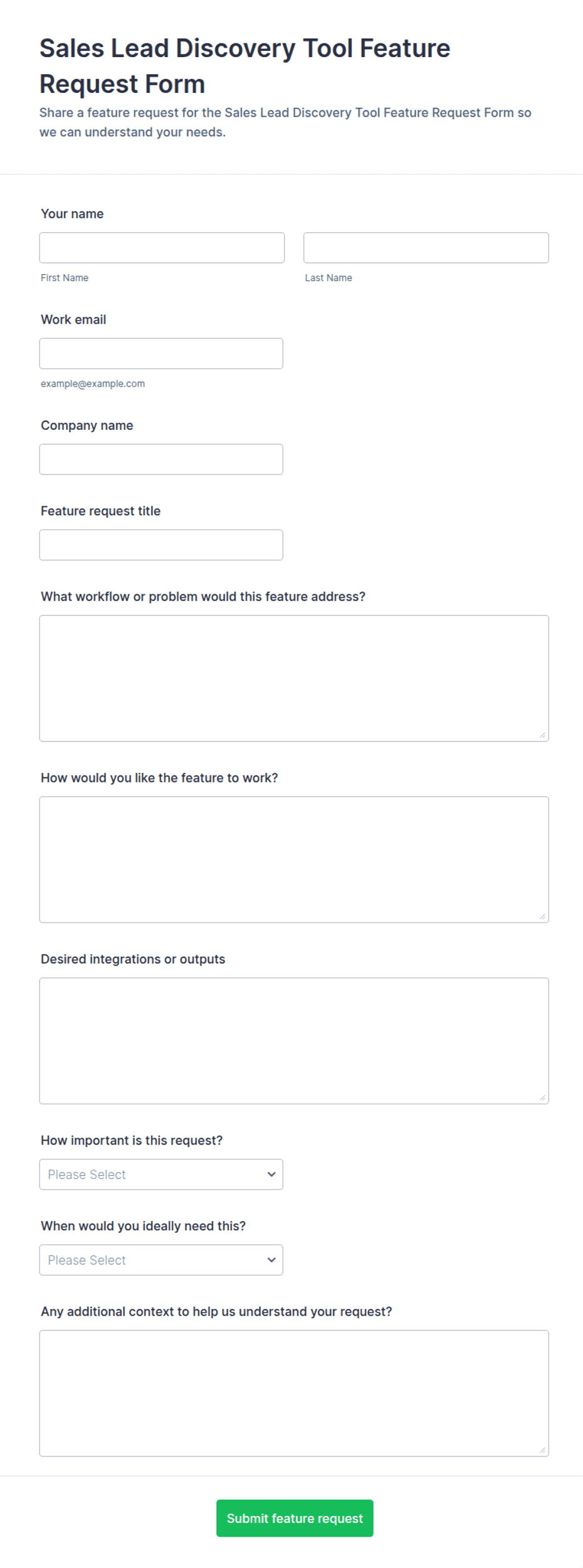 Sales Lead Discovery Tool Feature Request Form Template | Jotform