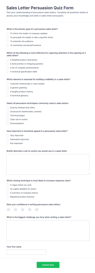 Sales Letter Persuasion Quiz Form Template