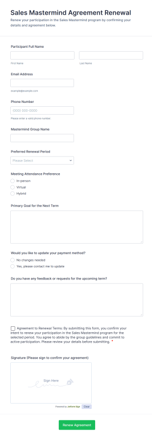 Sales Mastermind Agreement Renewal Form Template
