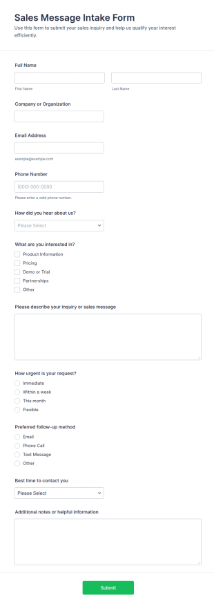 Sales Message Intake Form Template