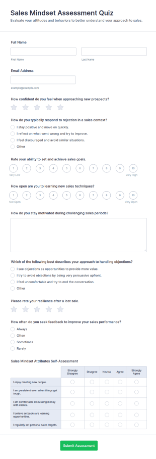 Sales Mindset Assessment Quiz Form Template