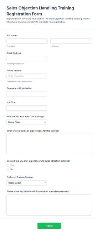 Sales Objection Handling Training Registration Form Template