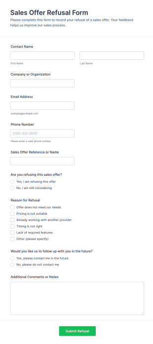 Sales Offer Refusal Form Template