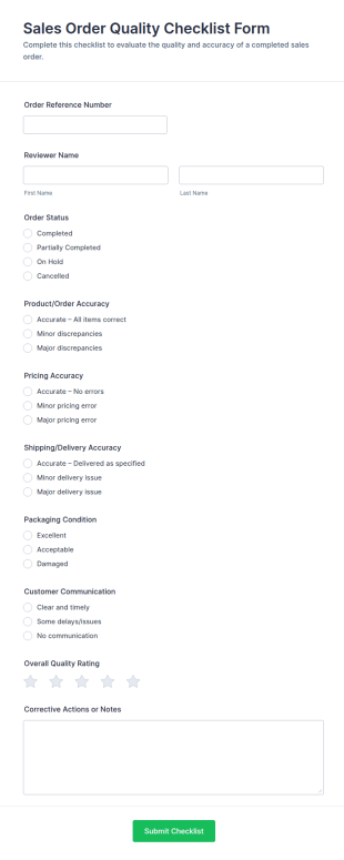 Sales Order Quality Checklist Form Template