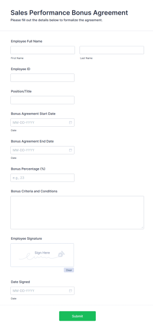 Sales Performance Bonus Agreement Form Template