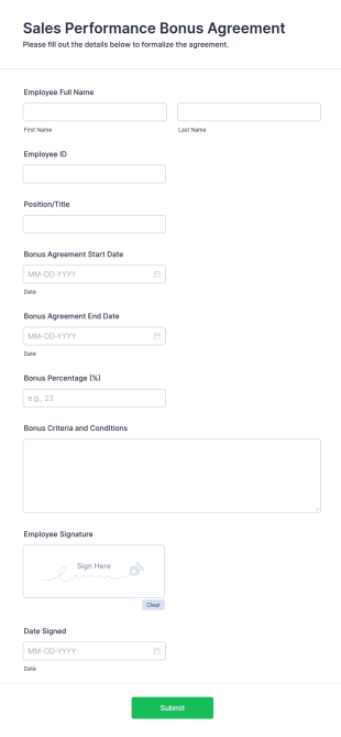 Sales Performance Bonus Agreement Form Template