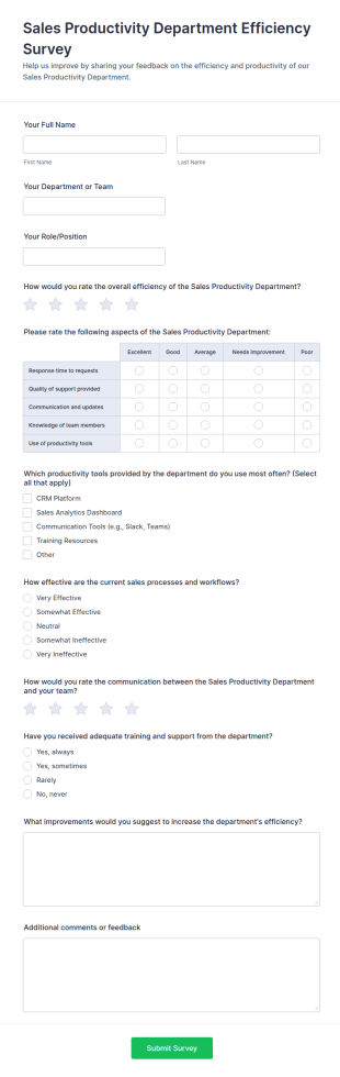 Sales Productivity Department Efficiency Survey Form Template