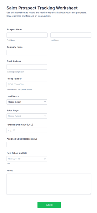 Sales Prospect Tracking Worksheet Form Template