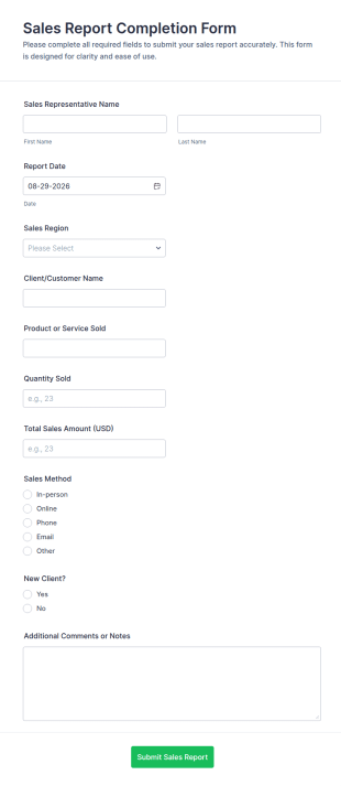 Sales Report Completion Form Template