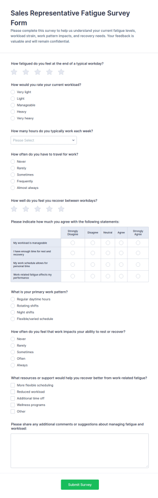 Sales Representative Fatigue Survey Form Template
