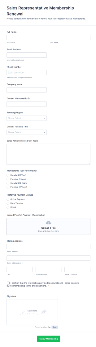 Sales Representative Membership Renewal Form Template
