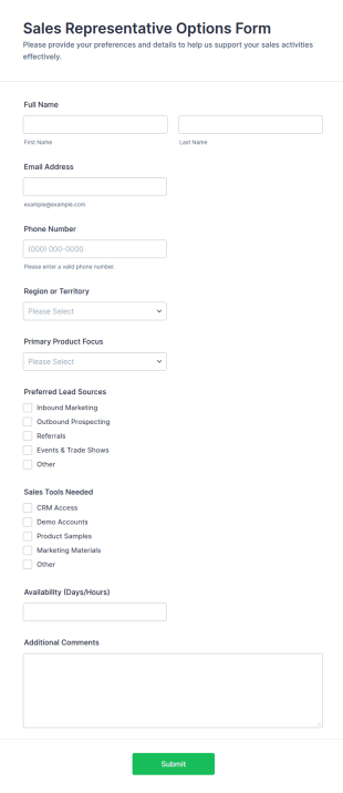 Sales Representative Options Form Template