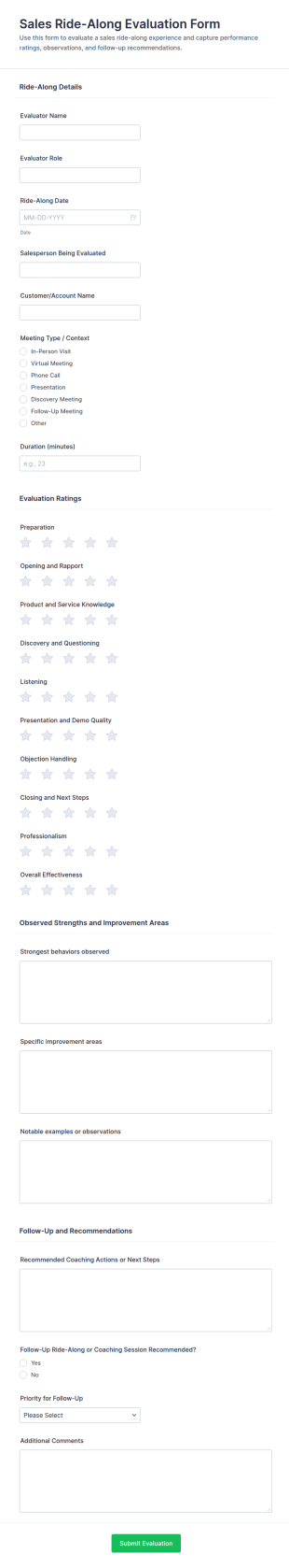 Sales Ride Along Evaluation Form Template