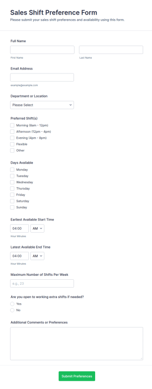 Sales Shift Preference Form Template