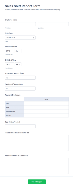 Sales Shift Report Form Template