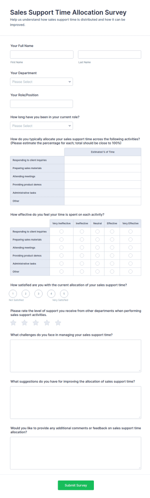Sales Support Time Allocation Survey Form Template