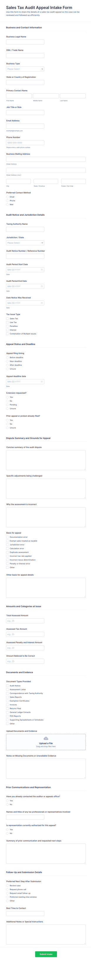 Sales Tax Audit Appeal Intake Form Template