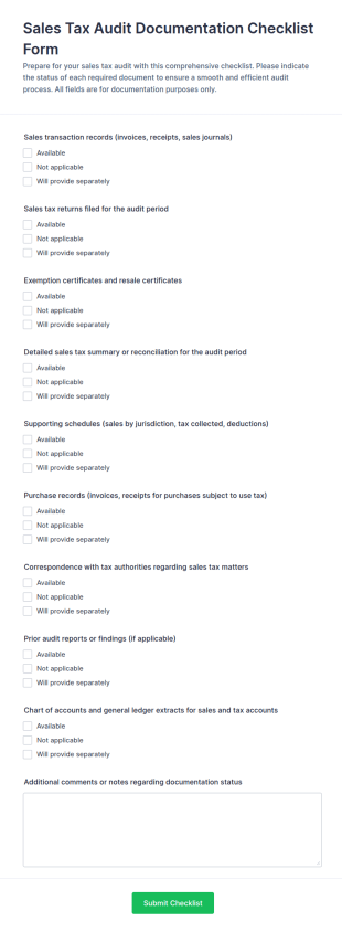 Sales Tax Audit Documentation Checklist Form Template