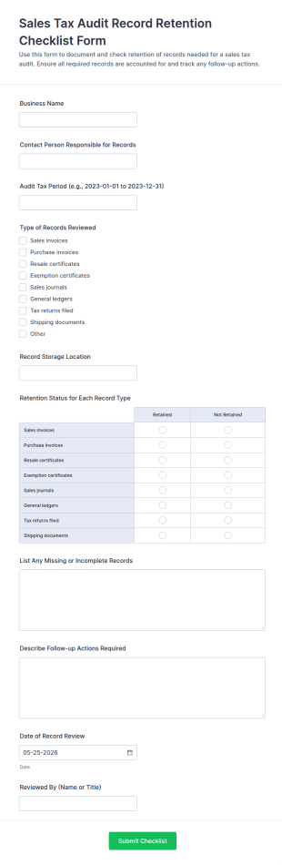 Sales Tax Audit Record Retention Checklist Form Template